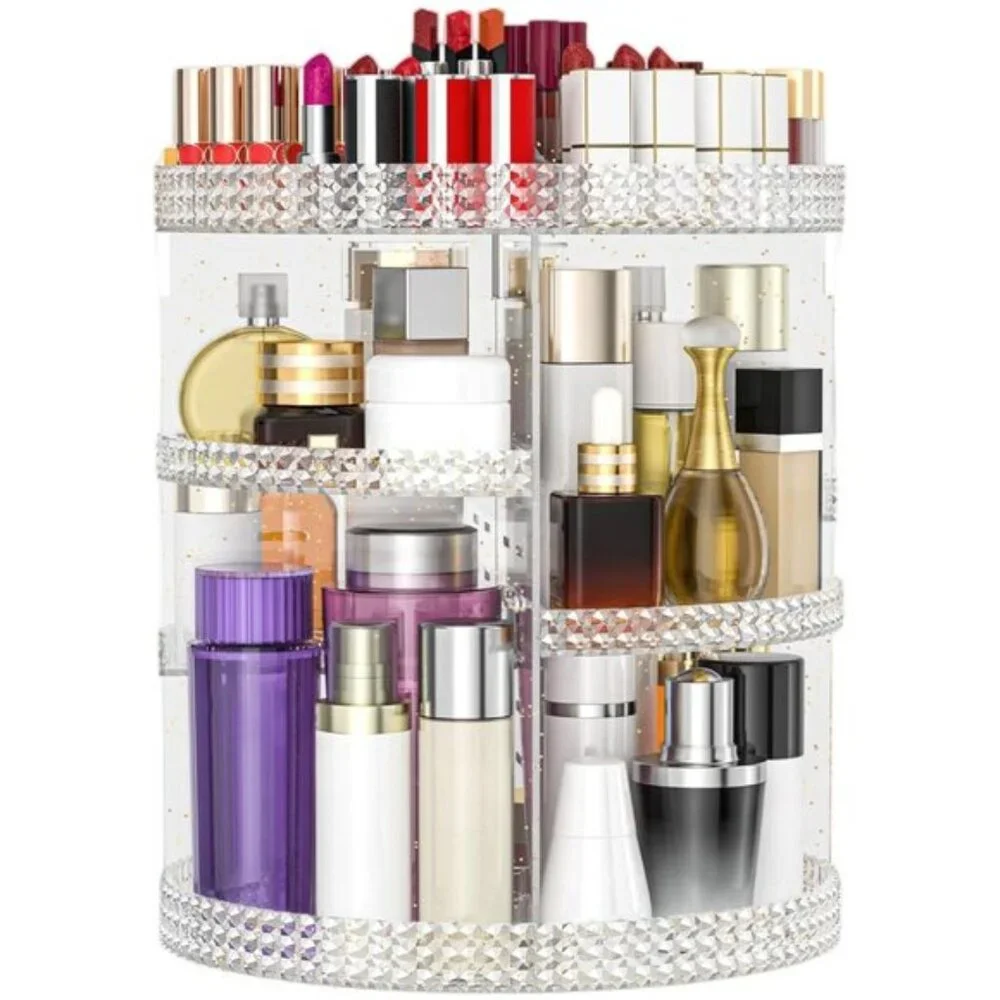 360° Rotating Makeup Organizer, XL Glitter Vanity Storage with 7 Removable Layer